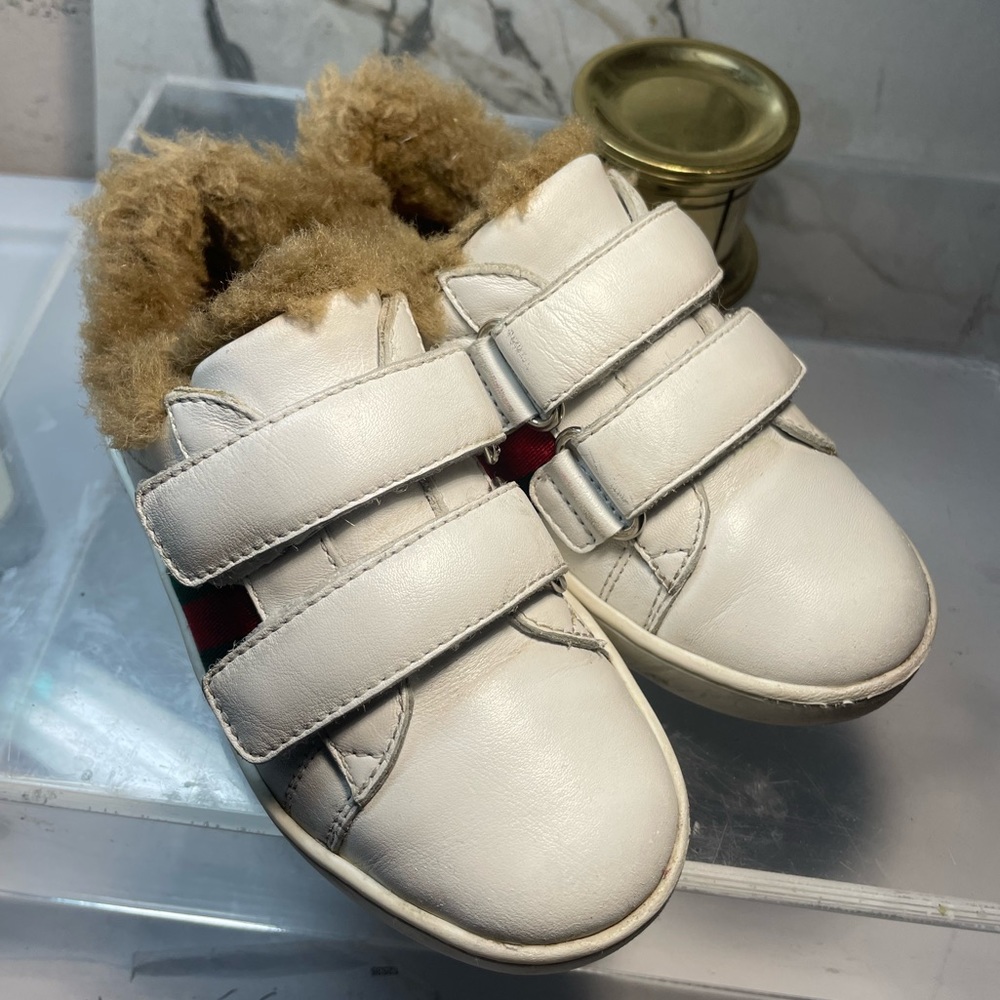 GUCCI Youth sz 14 INCHES 7 ace fur lined White leather snearker made in italy - Picture 4 of 16